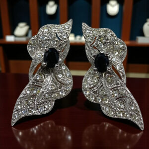 New NADRI Pavé CZ Earrings Black Center Crystal Silver Tone Art Deco Pierced